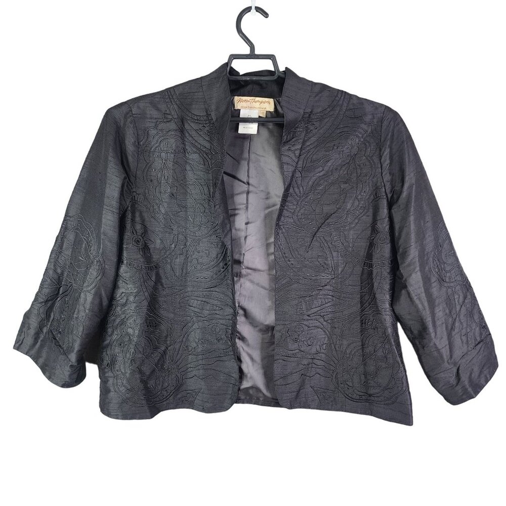Womens Black Norm Thompson Silk Jacket Blazer Embroidered Design Size L